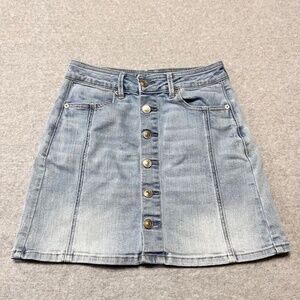 American Eagle Skirt Womens 0 Long Blue Hi-Rise A-Line Light Wash Button Denim